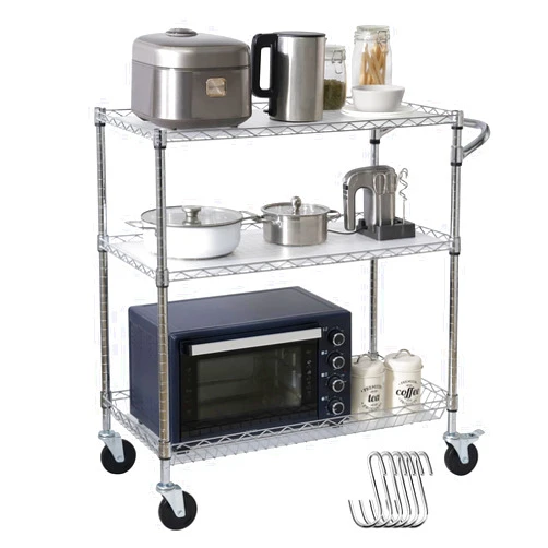 VEVOR Kitchen Utility Cart, 3 Tiers, Wire Rolling Cart with 661 LBS Capacity, Steel Service Cart on Wheels, Metal Storage Trolley with 80 mm Deep Basket Curved Handle PP Liner 6 Hooks, NSF Listed