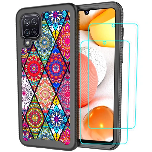 LEXNEC Cover Case for Samsung Galaxy A42 5G (2021) Design Case with [2 Pack] Tempered Glass Screen Protector,Armor Protective Boys Men Girls Women Floral Flower Bumper Phone Case [Colorful Mandala]