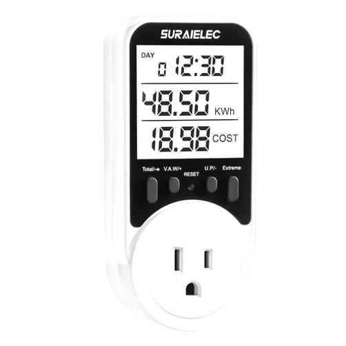 Suraielec Watt Meter, Plug-in Socket Power Meter, 90V-250V Wide Range, Backlit Large Display, Auto Cost Calculator, Overload Protection, Kilowatt Wattage Voltage AMP Tester, Electricity Usage Monitor