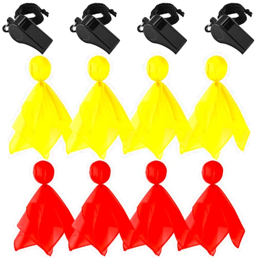 Skylety 12 Pcs Football Penalty Flag Set 8 Red Yellow Tossing Soccer Flags for Party Accessory and 4 Plastic Sports Black Whistles with Lanyard Loud Clear Coach Referee Whistle