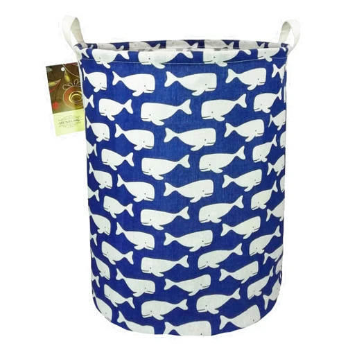 HUNRUNG Laundry Hamper,Large Canvas Fabric Lightweight Storage Basket Toy Organizer Dirty Clothes Collapsible Waterproof for College Dorms, Children Bedroom,Bathroom (Rould Blue Whale)