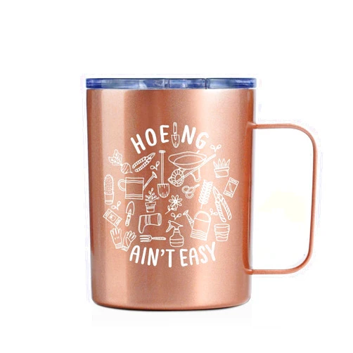 Onebttl Gardening Gifts for Women, Plant Lover Gifts for Gardening Lovers, Gardeners, Wife, Mom, 12oz Stainless Steel Coffee Mug Rosegold - Hoeing Ain't Easy