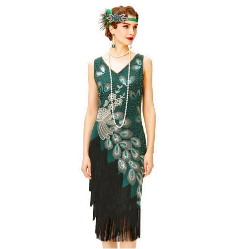 BABEYOND 1920s Vintage Peacock Sequined Dress Gatsby Fringed Flapper Dress Roaring 20s Party Dress