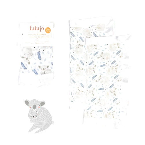 lulujo Baby Security Lovey Blankets| Unisex Softest Breathable Cotton Muslin Security Blanket with Silky Satin Trim| Neutral Comforting Blanket for Girls & Boys | 16in by 16 in| Koala
