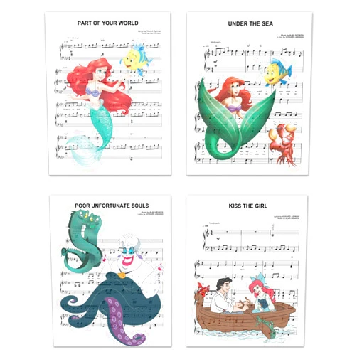 PICTURE THIS PRINTS Little Mermaid Song Photos - Set of 4 (8 inches x 10 inches) Music Sheet Poster Prints - Ariel Ursula Flounder Sebastian Prince Eric