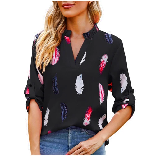 Charella Feather Graphic Shirts 3/4 Sleeve New Print Tops for Women Regular V-Neck T-Shirt 2023 Fall Trendy Blouses Tees