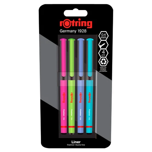 rOtring Liner Fineliner Pens | 0.4 mm | Colouring Pens for Writing & Drawing | Plastic-Free Packaging | Assorted Fun Colours | 4 Count