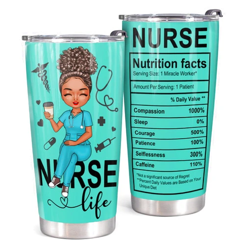 HZIZI 20oz Black Nurse Tumbler - Nutrition Facts, African American Afro Appreciation Gifts for Women - Insulated Travel Coffee Mug With Lid