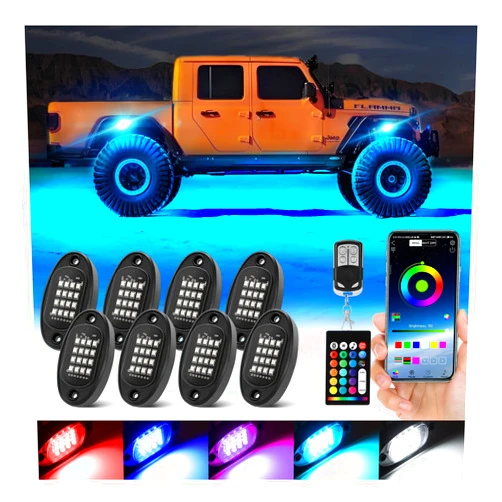 TDE Explorer.Lighting 8 Pods Segmented RGB LED Rock Lights for Trucks Golf Cart Offroad Pickup SUV UTV, 12V Waterproof Underglow Lights Kit with APP/RF Multi Zone Control, Neon Multicolor Underbody Light with Brake
