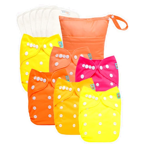 ALVABABY 2.0 AWJ Lining Cloth Diaper with Tummy Panel for Babies,6 Pack Diapers and 6 Inserts with One Wet Dry Bag, Adjustable Washable Reusable for Baby Girls and Boys 6WJT01A-L