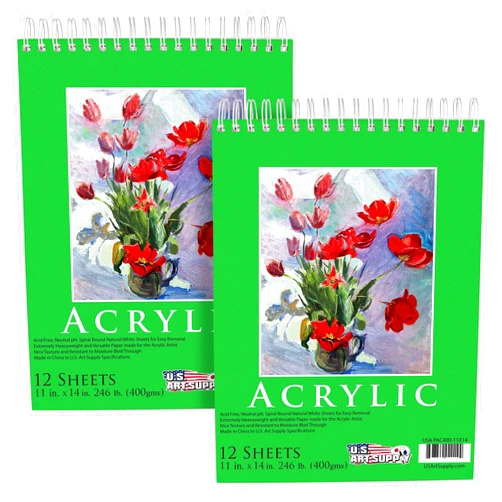 U.S. Art Supply 9x12 Premium Heavy-Weight Acrylic Painting Paper Pad, 246lb (400gsm), 2 Pack, 12 Sheets, Spiral Bound, for Acrylic Paint