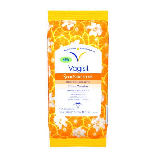 Vagisil Scentsitive Scents Daily Feminine Intimate Wipes for Women, Gynecologist Tested, Citrus Paradise, 20 Wipes in Resealable Pouch (Pack of 1)