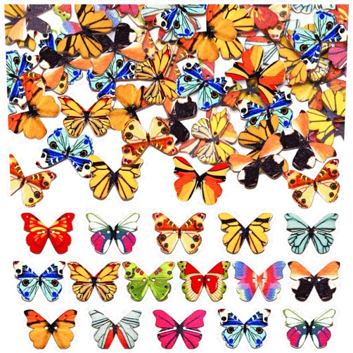 HLARTNET 200Pcs Wooden Butterfly Buttons Bulk - 1 Inch Vintage Butterfly Buttons with 2 Holes for DIY Sewing, Large Decorative Buttons for Crafts
