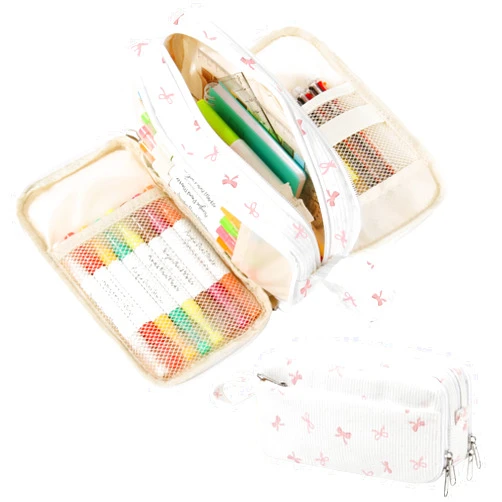 BuyCard Large Capacity Cute Pencil Case, Aesthetic Pen Pouch, White with Pink Bow Pattern Pencil Bag, Kawaii Stationery Storage and Organizer, Supplies for Teen and Adult Girls