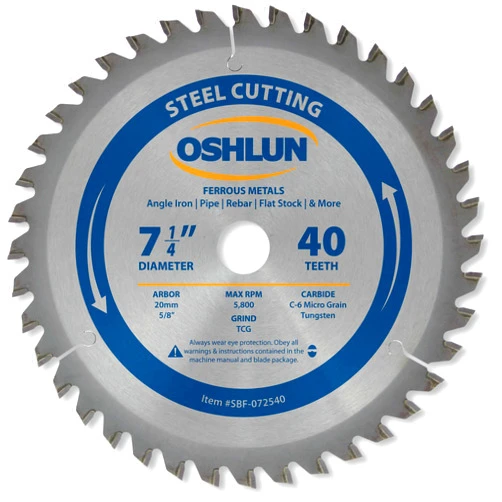 Oshlun SBF-072540 7-1/4-Inch 40 Tooth TCG Saw Blade with 20mm Arbor (5/8-Inch Bushing) for Mild Steel and Ferrous Metals