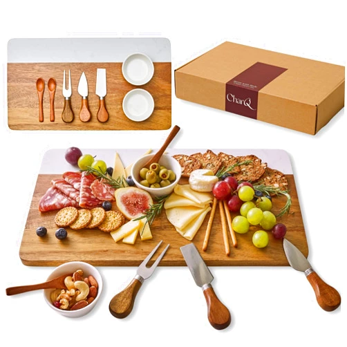 CharQ Charcuterie Board Set - Marble & Acacia Wood Cheese Board and Serving Board Platter, Charcuterie Boards Gift Set for Hosting, Wedding and Housewarming, Bridal Shower Marble Serving Tray