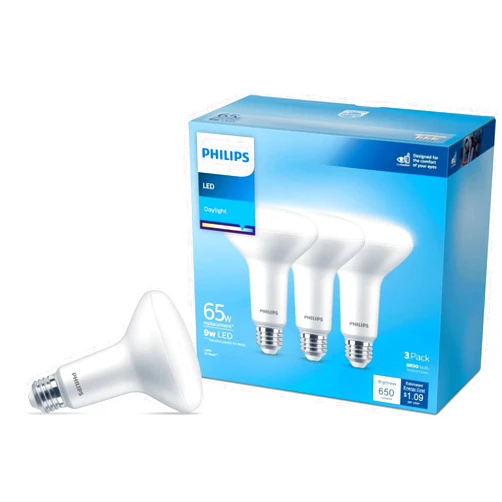 Philips LED Flicker-Free Frosted Dimmable BR30 Light Bulb - EyeComfort Technology - 650 Lumen - Daylight (5000K) - 9W=65W - E26 Base - Title 20 Certified - Indoor - 3-Pack
