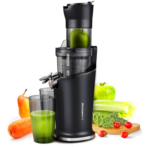 Elite Gourmet EJX017 Whole Fruit 3” Feeding Chute, Dynamic Masticating Slow Juicer, High Yield Cold Press Juice Extractor, Nutrient and Vitamin Dense, Easy to Clean, 27 oz Juice Cup, Black