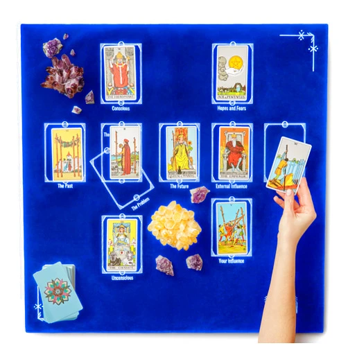 Witchy Cauldron Tarot Divination Table Cloth for Reading and Altar Cloth Moon Alter, Cloth Witchy Embroidery Velvet Silk Touch Satin Celtic Cross (Blue)