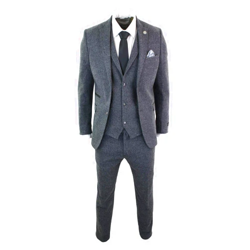 TruClothing Mens Grey Black 3 Piece Tweed Suit Herringbone Wool Vintage Retro