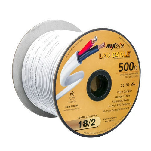 US LED Superstore 500 ft Reel 18AWG Low Voltage LED Cable, 2 Conductor, Outdoor Rated, Jacketed in-Wall Speaker Wire UL Listed Class 2, Sunlight Resistant