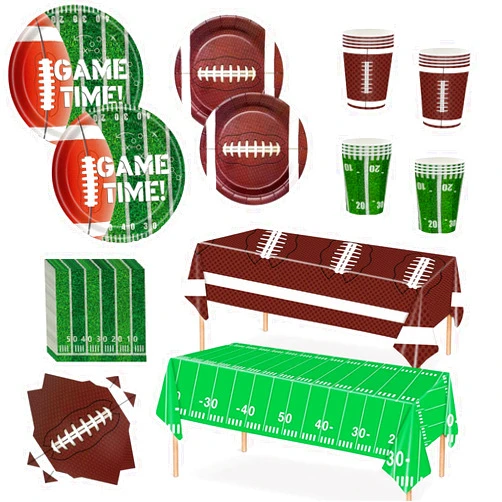 Xindtek Football Party Supplies Kit Serve 24, Including Dinner Plates Dessert Plates Napkins Cups Plastic Touchdown Tablecloth for Birthday Party Decorations