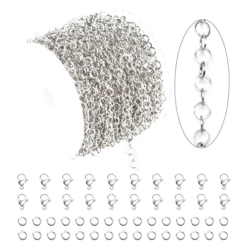 KYUNHOO 33 Feet Silver 304 Stainless Steel Chain for Jewelry Making 4MM Round Circle Link Chain Roll Soldered Jewelry Supplies Chain with Jump Rings and Lobster Clasps for Necklace Bracelet DIY