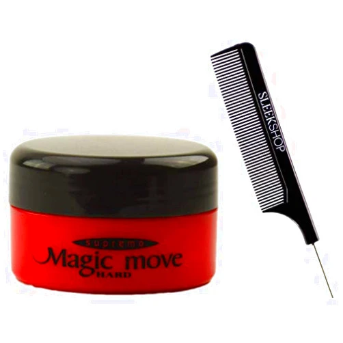 Magic Move Supremo Magic Move Hair Product Cream by Supremo Japan (with Sleek Steel Pin Tail Comb) Japanese Creme Pomade Clay (HARD (Red) - 4.2 oz LARGE)
