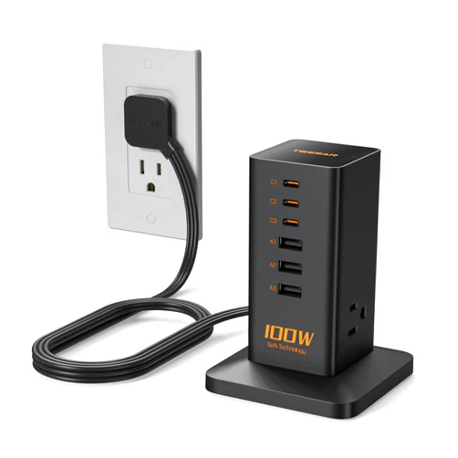 TESSAN Charging Station PD 100W, TESSAN 9-in-1 USB C Power Strip for iPhone 17/16/15, MacBook, Tablet, Desktop Phone Fast Charger with 3 AC, 3 USB-A Ports, Home Drom Office Accessories