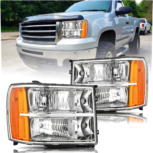 Bingbingmotor BRYGHT Fits for 2007-2013 GMC Sierra 1500/07-14 GMC Sierra 2500HD 3500HD Headlight Assembly NO FOGGING Front Headlamp Replacement Pair Set Set Chrome Housing & Amber Reflector