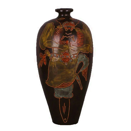 Fashion158 Song Cizhou Kiln Black Glazed Carving Zhong Kui Figure Tumei Bottle Porcelain Antique Collection