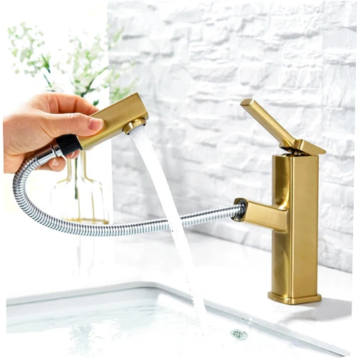 KAIYING Bathroom Sink Faucet with Pull Out Sprayer, Single Handle Basin Mixer Tap for Hot and Cold Water, Lavatory Pull Down Sink Faucet with Rotating Spout (Regular,Brushed Champagne Gold)