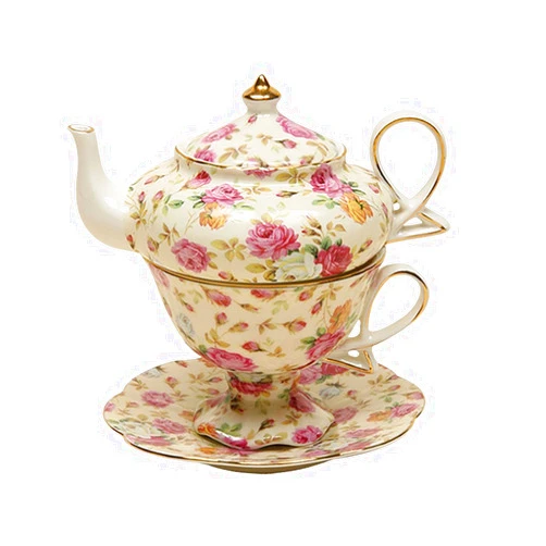 Gracie China by Coastline Imports 4-Piece Porcelain Tea for One, Stacked Teapot Cup Saucer, Cream Cottage Rose Chintz