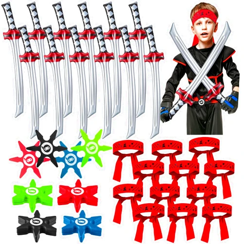 Deekin 48 Pcs Ninja Karate Party Favors Includes Inflatable Sword,Throwing Foam Star Toys,Karate Headbands for Ninja Theme Party Decorations Goodie Bag Fillers Gifts Boys Girls Costume Accessories
