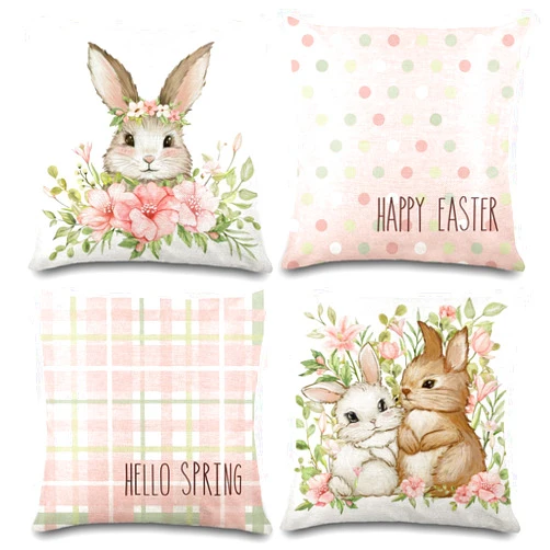 YUJUN 4 Pack Easter Spring Pillow Covers, 18x18in Buffalo Plaid Farmhouse Rabbit Bunny Flower Easter Throw Pillows, Couch Decor