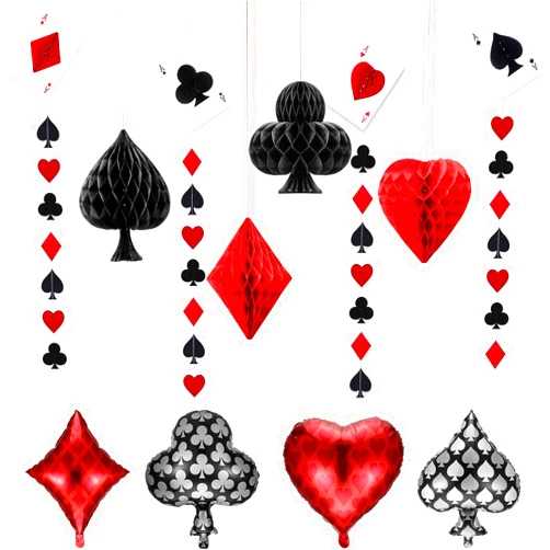 Boao Casino Party Decorations Honeycomb Paper Pom Poms Poker Card Garlands and Card Balloons for Birthday Casino Las Vegas Themed Party, Pack of 12