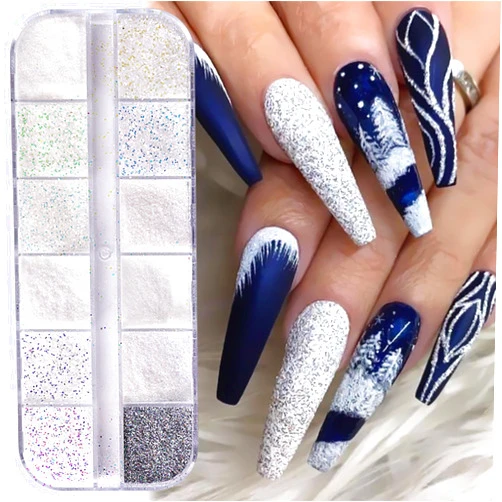 BASEMMAHER Superfine White Sugar Sandy Nail Glitter Powder Diamond Dust Shining Pigment Sugar Effect Candy Coat Glitter Dipping Powder for Christmas Snowflake Nails Design Winter Manicure Decorations