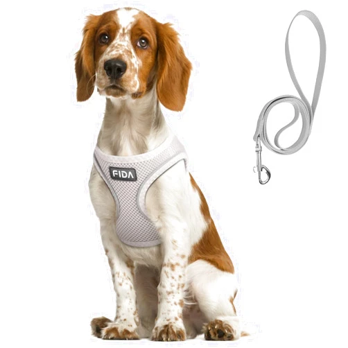Fida Comfy Dog Harness with Leash, Soft Puppy Vest Escape Proof, Breathable Lightweight Soft Mesh, Adjustable Reflective Step-in Harness for Medium & Large Pet Walking (L, Grey)
