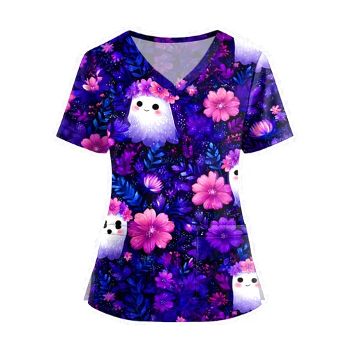 WHHFOOH Halloween Tops for Women Plus Size V Neck Short Sleeve Nurse Scrubs Pumpkin Bat Print Medical Uniform with Pockets