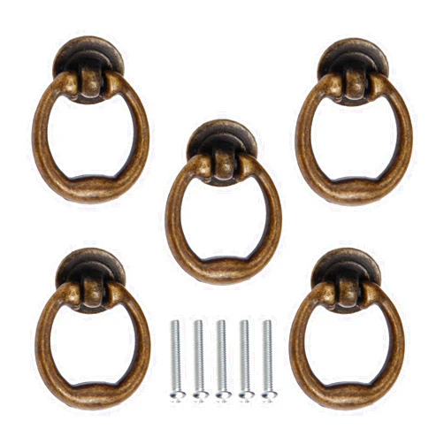 Yetaha 5PCS Antique Bronze Ring Pulls, Single Hole Drop Knob Vintage Drawer Handles for Cabinet Dresser Closet Wardrobe Cupboard Kitchen Bedroom Furniture Decoration, with Screws