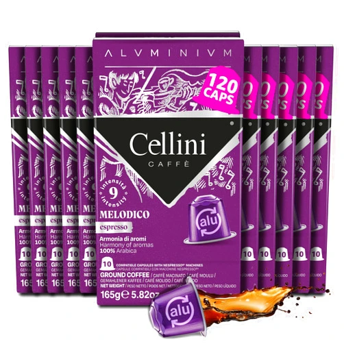 Cellini Caffè Melodico Aluminum Nespresso Pods, 120 Count, Dark Roast Coffee Capsules, 100% Nespresso Original Machine Compatible, Strong
