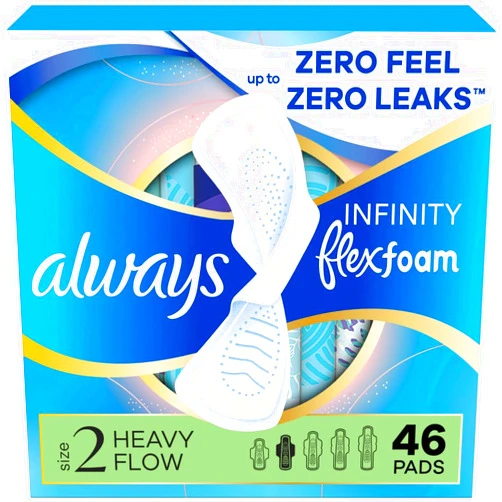 Always Infinity Feminine Pads for Women, Flexfoam Pads with Wings, Size 2, Heavy Absorbency, Unscented, 46 Count