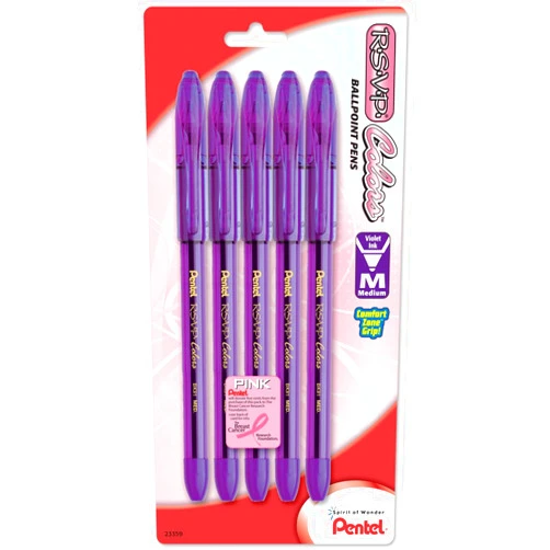 Pentel R.S.V.P. Colors Ballpoint Pen, 1.0mm, Medium Line, Violet Ink, 5 Pack (BK91CRBP5V) , Black