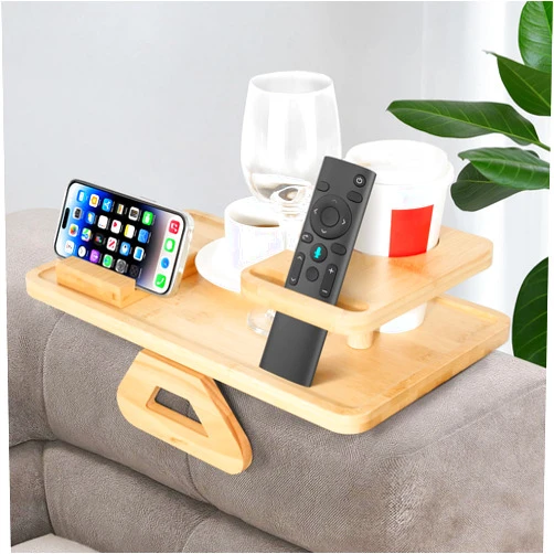 YUEJIAMEI Bamboo Sofa Clip on Side Table for Wide Couches Arm, primary colours Couch arm Table，Foldable Couch Tray with Bamboo phone holder, Armrest Table for Eating/Drinks/Snacks/Remote/Control