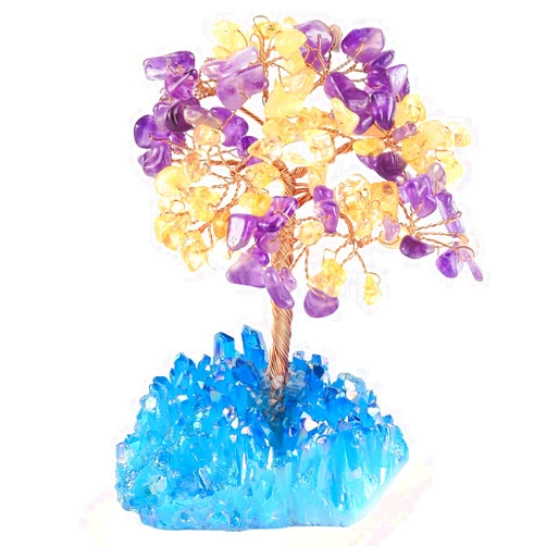 MASGEMES Natural Gemstone Crystal Tree of Life,Amethyst Citrine with Clear Quartz Cluster Base Positive Energy Healing Crystals Bonsai Feng Shui Money Tree for Wealth and Luck