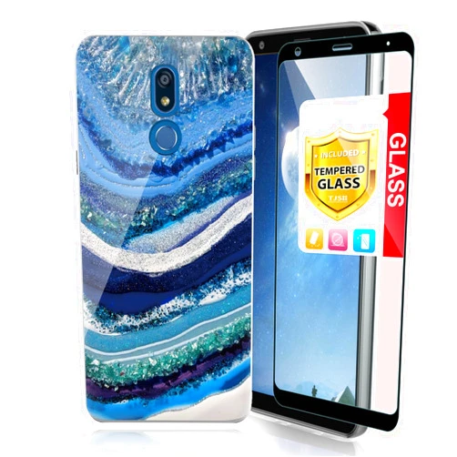 TJS Phone Case Compatible with LG K40/K12 Plus/X4/Solo LTE/Harmony 3/Xpression Plus 2, [Full Coverage Tempered Glass Screen Protector] TPU Matte Color Marble Transparent Clear Soft Skin (White/Blue)