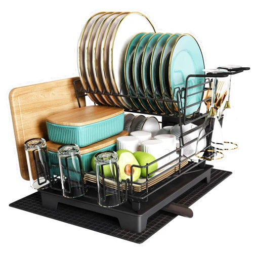 MAJALiS Dish Drying Rack for Kitchen Counter, Stainless Steel Large Dish Drainers Strainer with Drainboard Set for Sink, 2 Tier with Utensil Holder, Cups Holder,Extra Drying Mat, Black