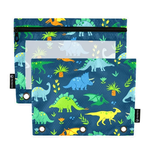 Emelivor Green Dinosaur Pencil Pouch for 3 Ring Binder 2 Pack Large Capacity Pencil Pouch with Zipper Clear Binder Pencil Case for College Office Daily Supplies