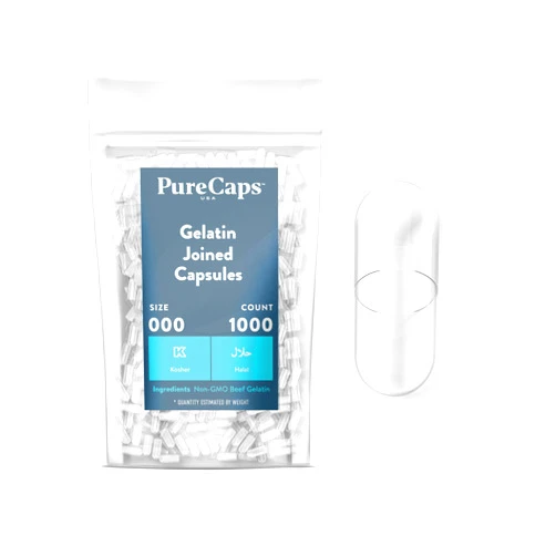 PureCaps USA - Empty Gelatin Capsules Size 000, 1,000 Empty Joined Gel Pills, Clear, Non-GMO Certified, Kosher, Gluten Free and Halal Certified, Pure Beef Gel Pill Capsules Empty