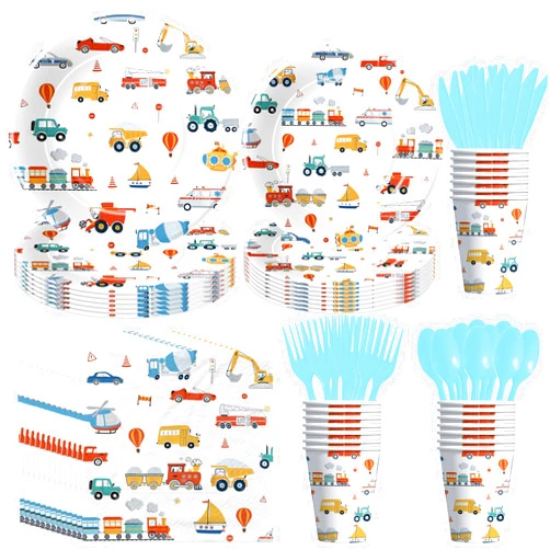 Suhelkit Transportation Birthday Party Decorations Tableware - Traffic Transportation Party Supplies, Plate, Napkin, Cup, Cutlery, Truck Car Construction Vehicle Traffic Party Decorations | 24 Guests